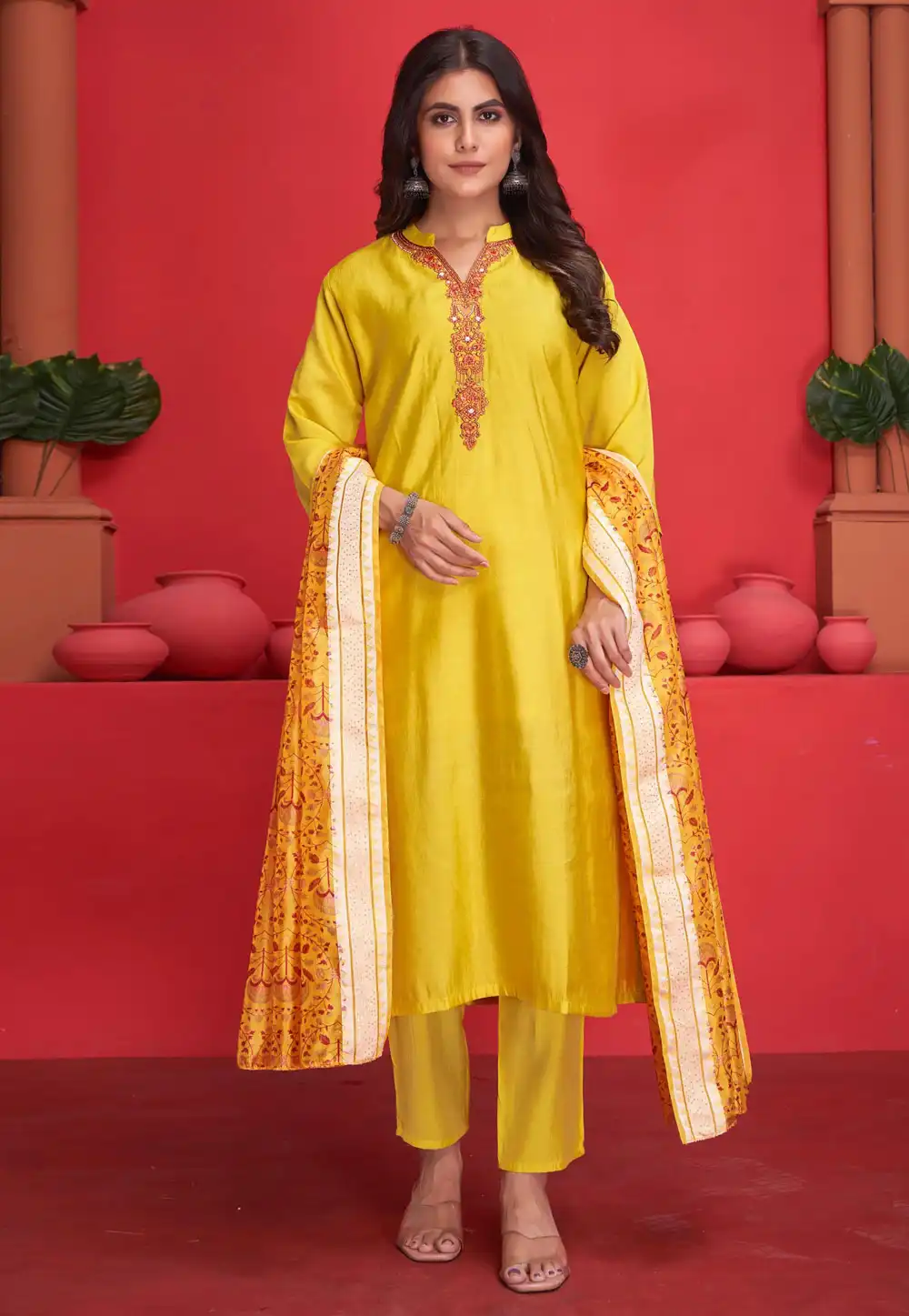 Yellow Silk Readymade Pakistani Suit 293472