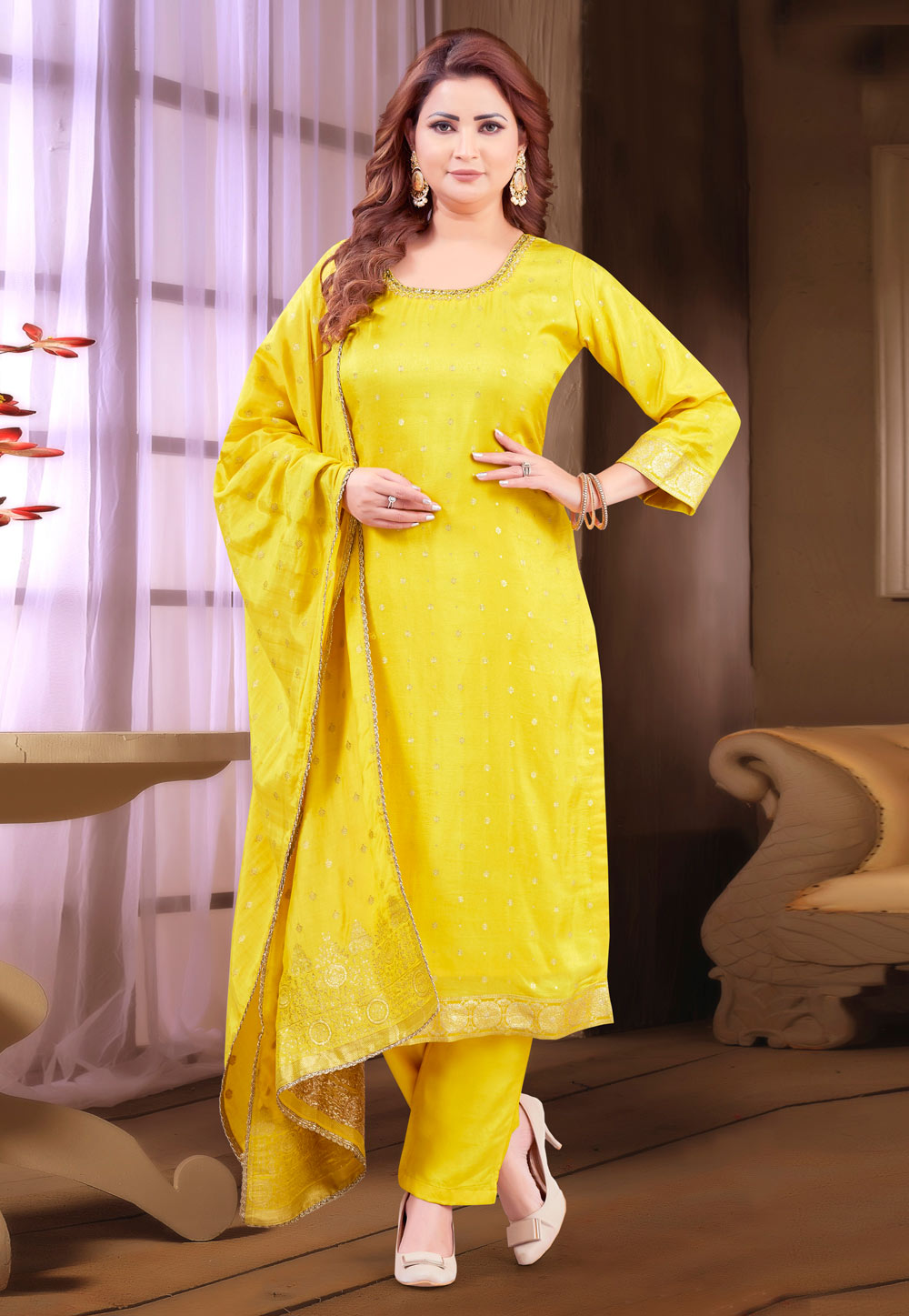 Yellow Silk Readymade Pakistani Suit 305852