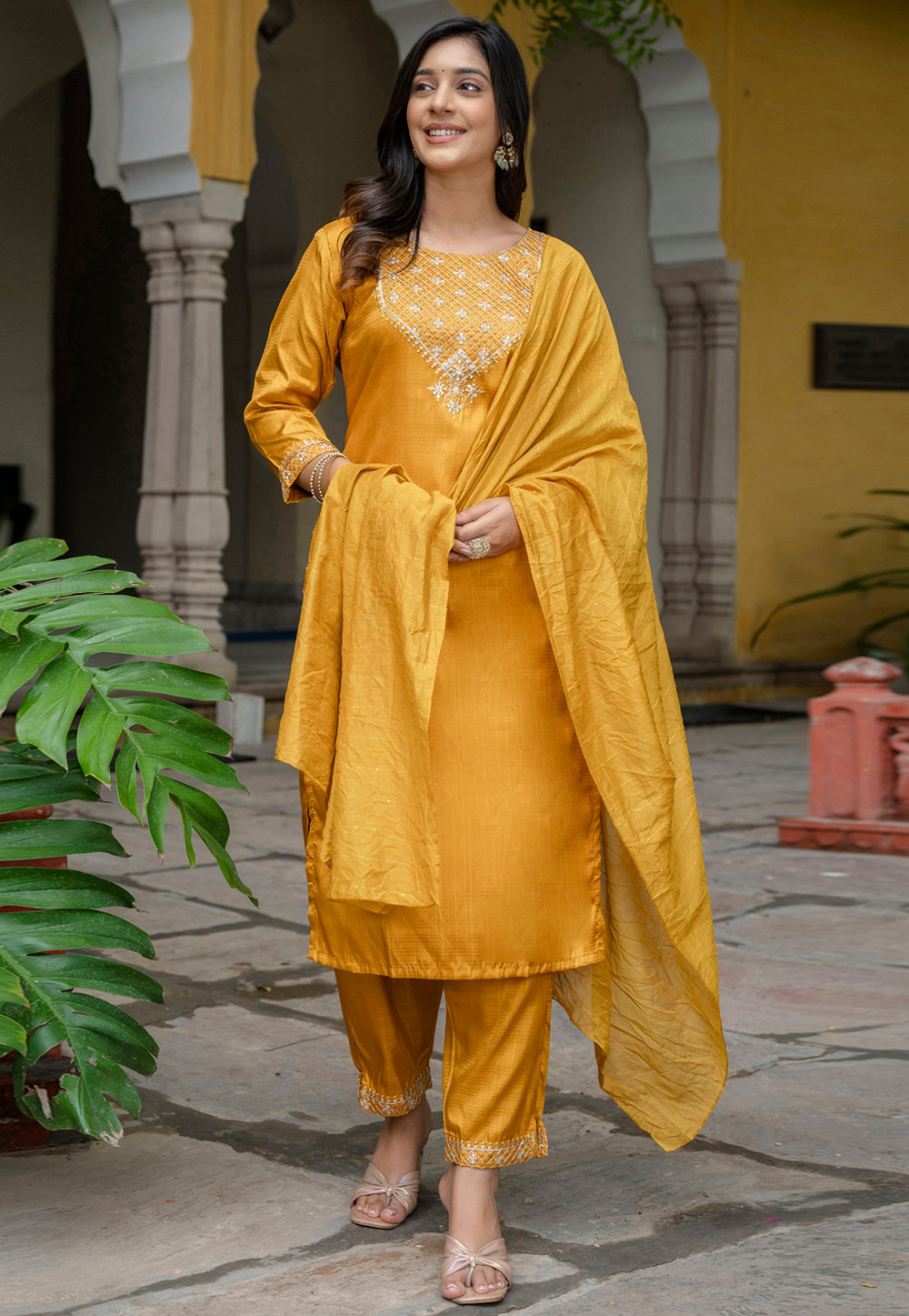 Yellow Silk Readymade Pakistani Suit 310386