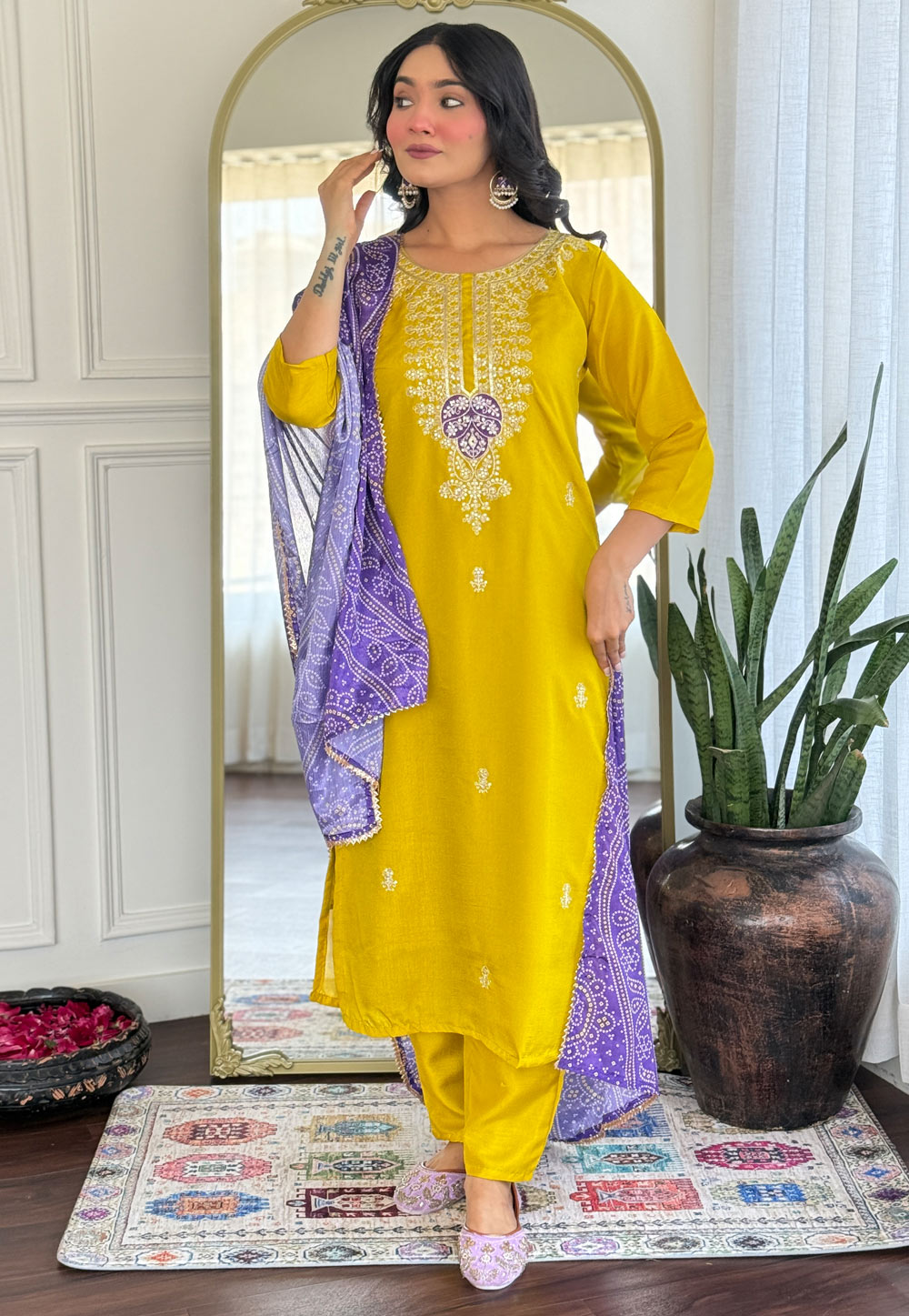 Yellow Silk Readymade Pakistani Suit 309480