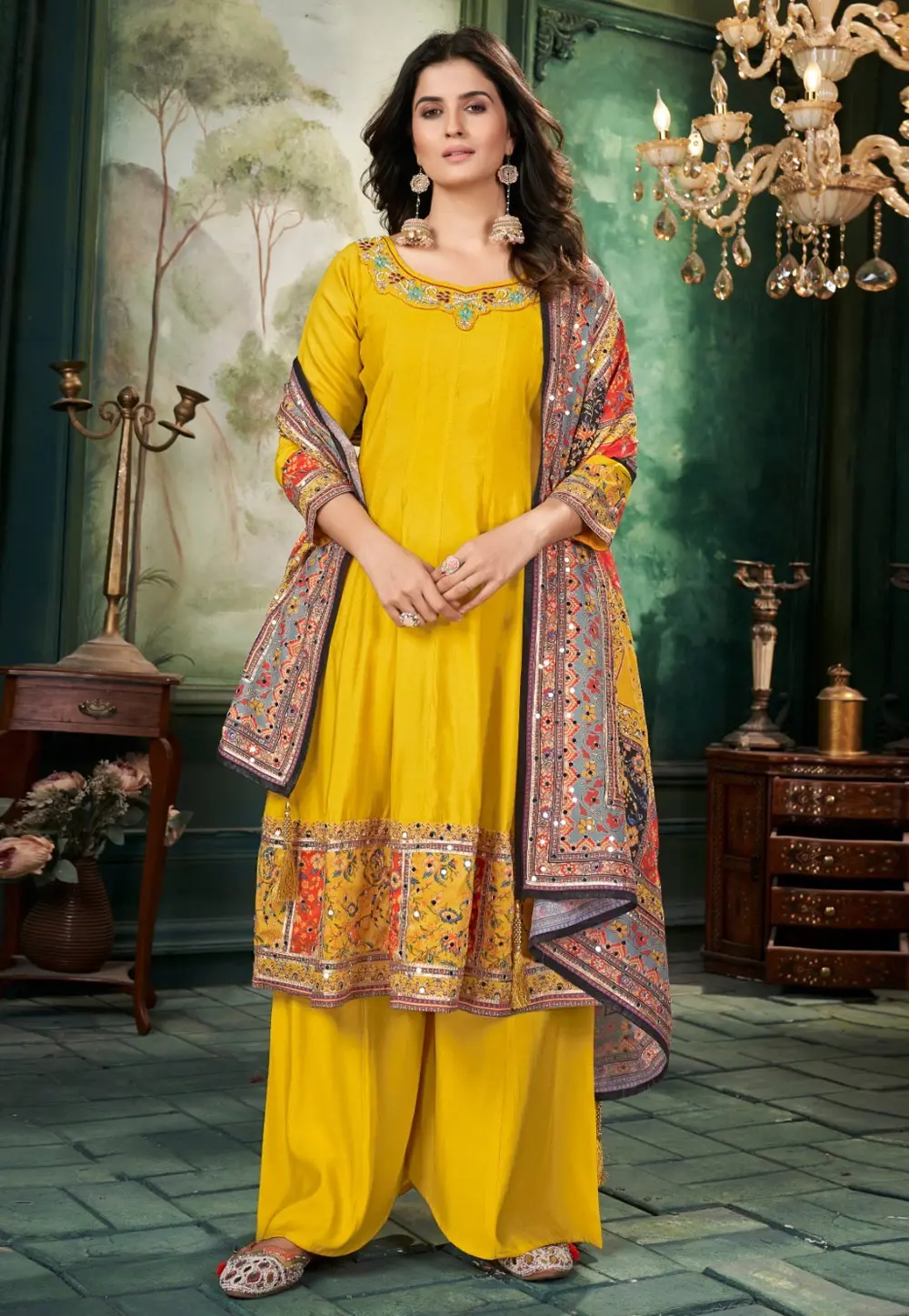 Yellow Silk Readymade Palazzo Suit 299317