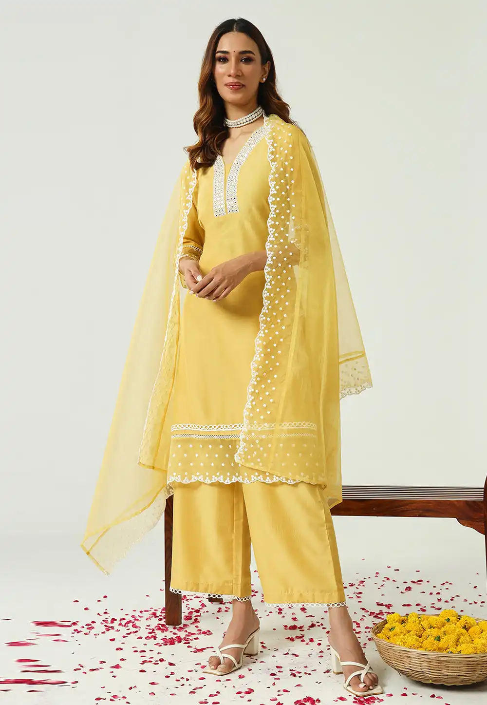 Yellow Silk Readymade Palazzo Suit 293091