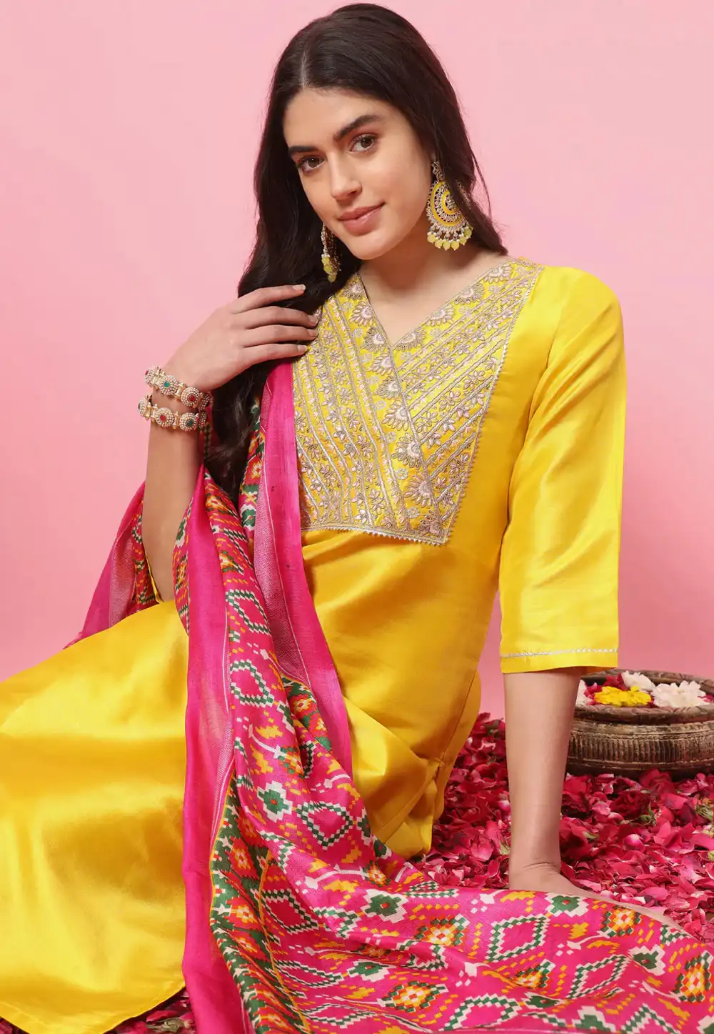 Yellow Silk Readymade Pant Style Suit 289359