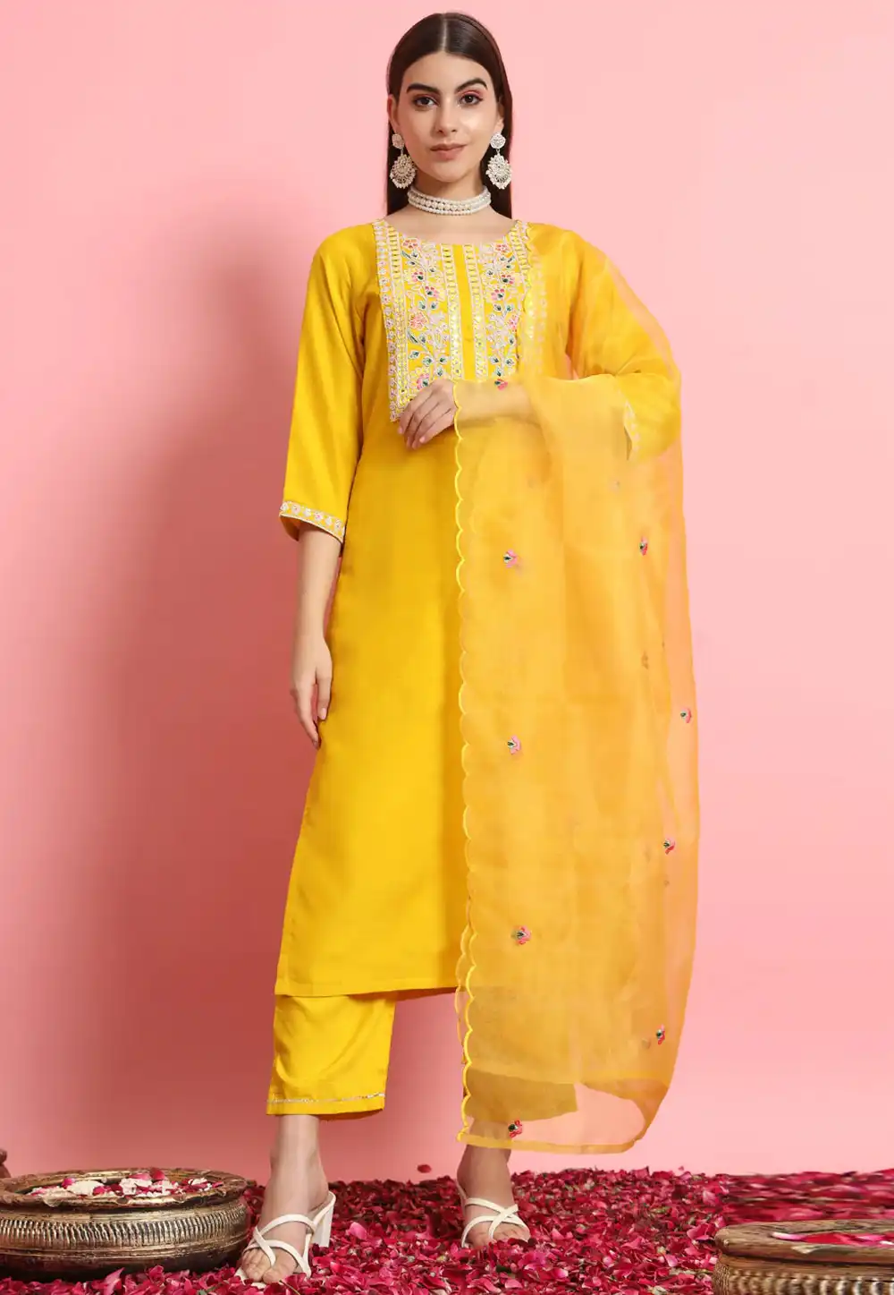 Yellow Silk Readymade Pant Style Suit 289462