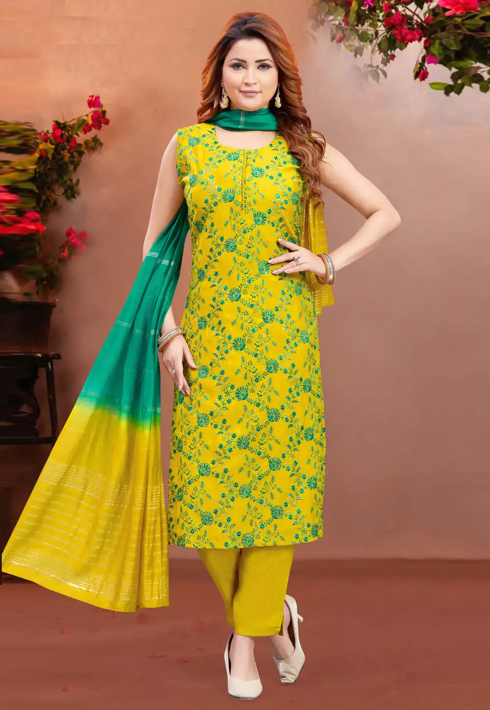 Yellow Silk Readymade Pant Style Suit 294074