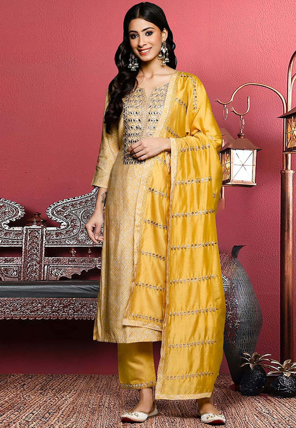 Yellow Silk Readymade Pant Style Suit 305422