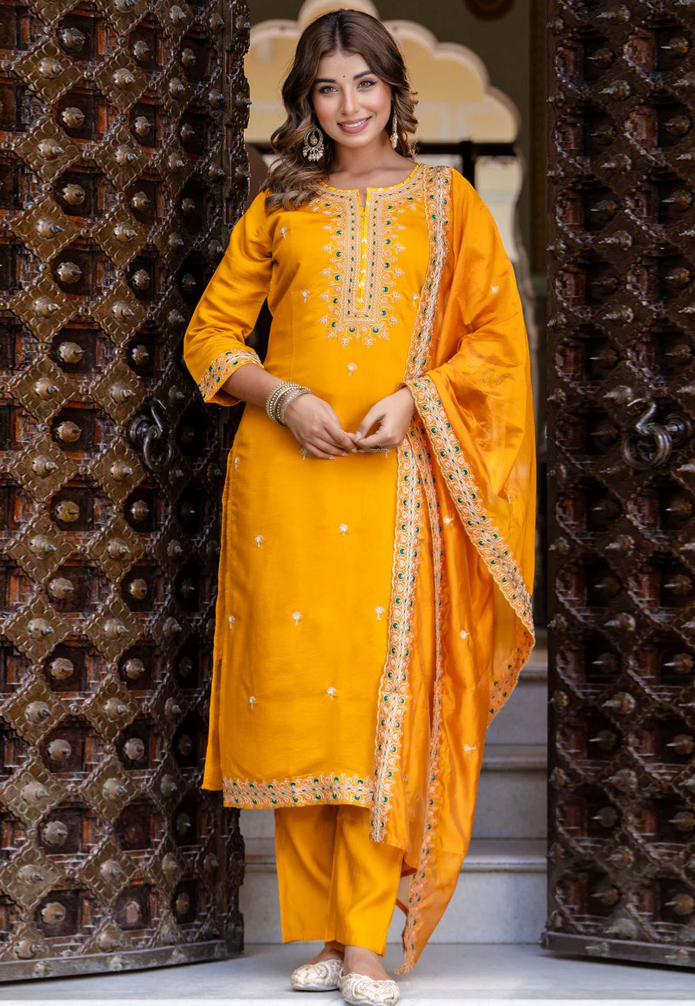 Yellow Silk Readymade Pant Style Suit 309265