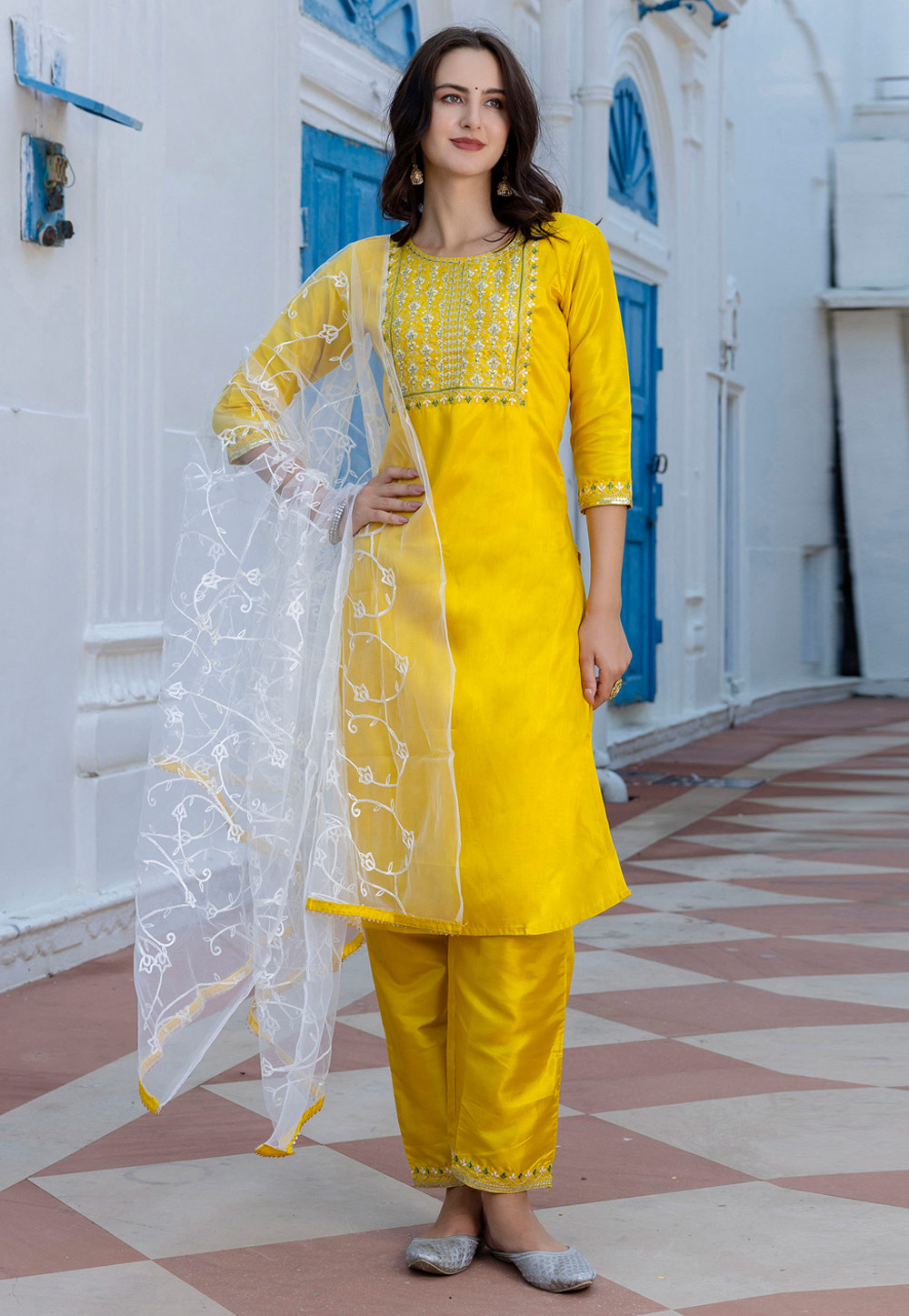 Yellow Silk Readymade Pant Style Suit 310258