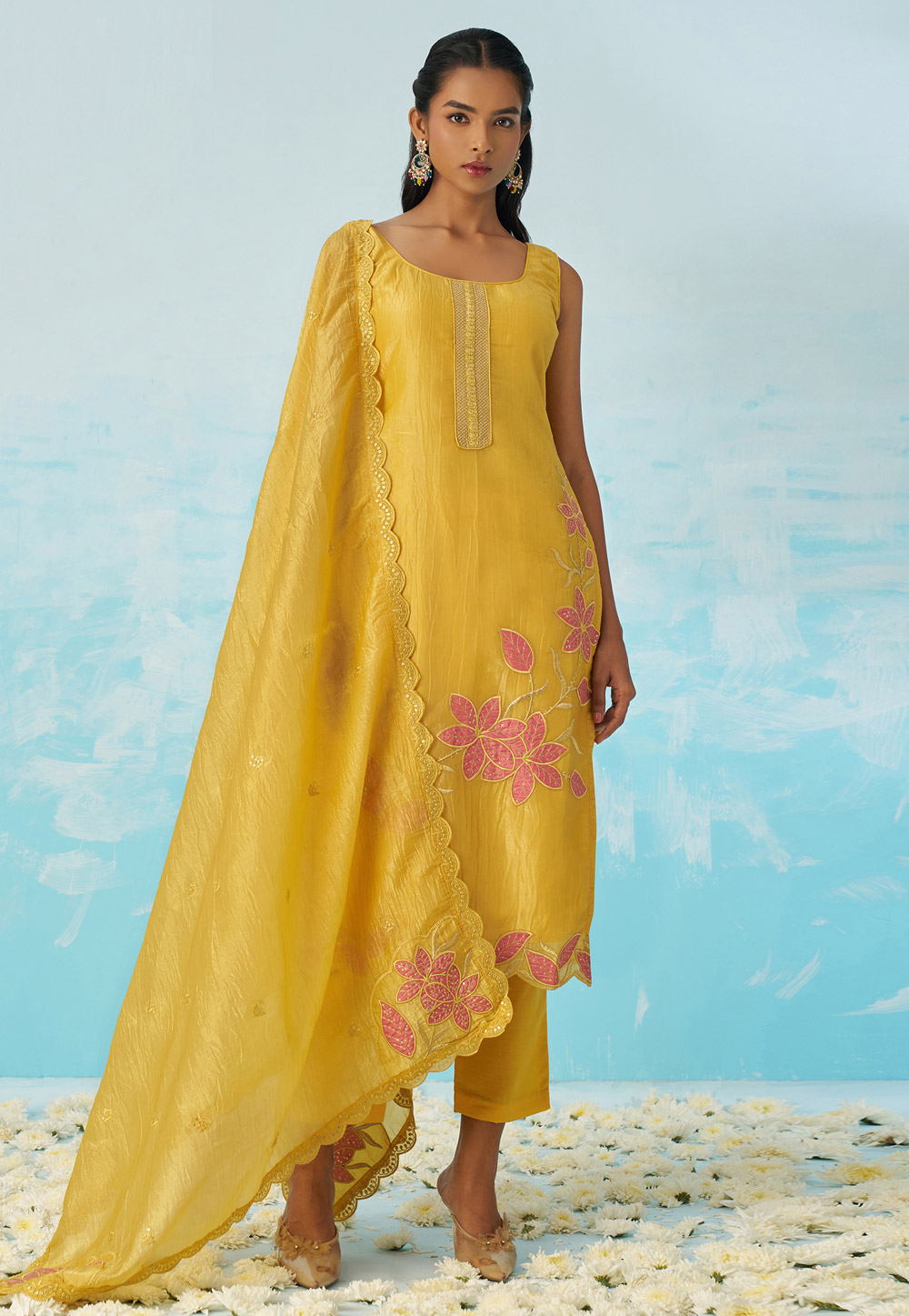 Yellow Silk Readymade Pant Style Suit 309218