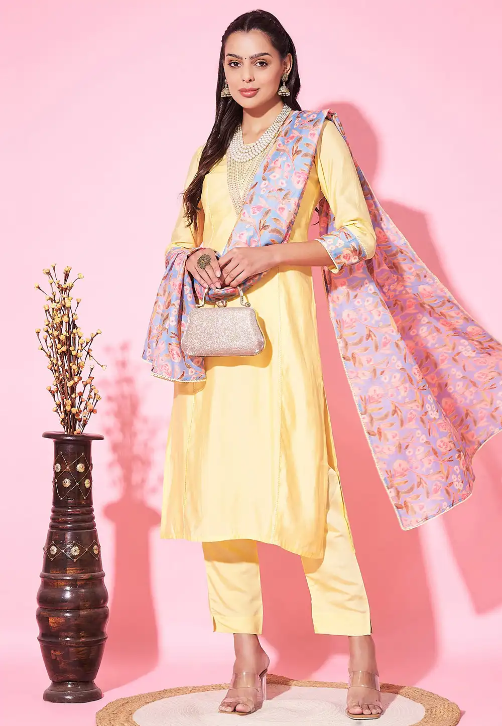 Yellow Silk Readymade Pant Style Suit 290548