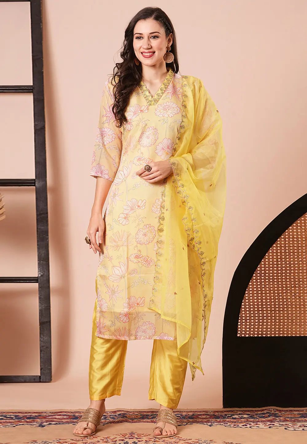 Yellow Silk Readymade Pant Style Suit 300337