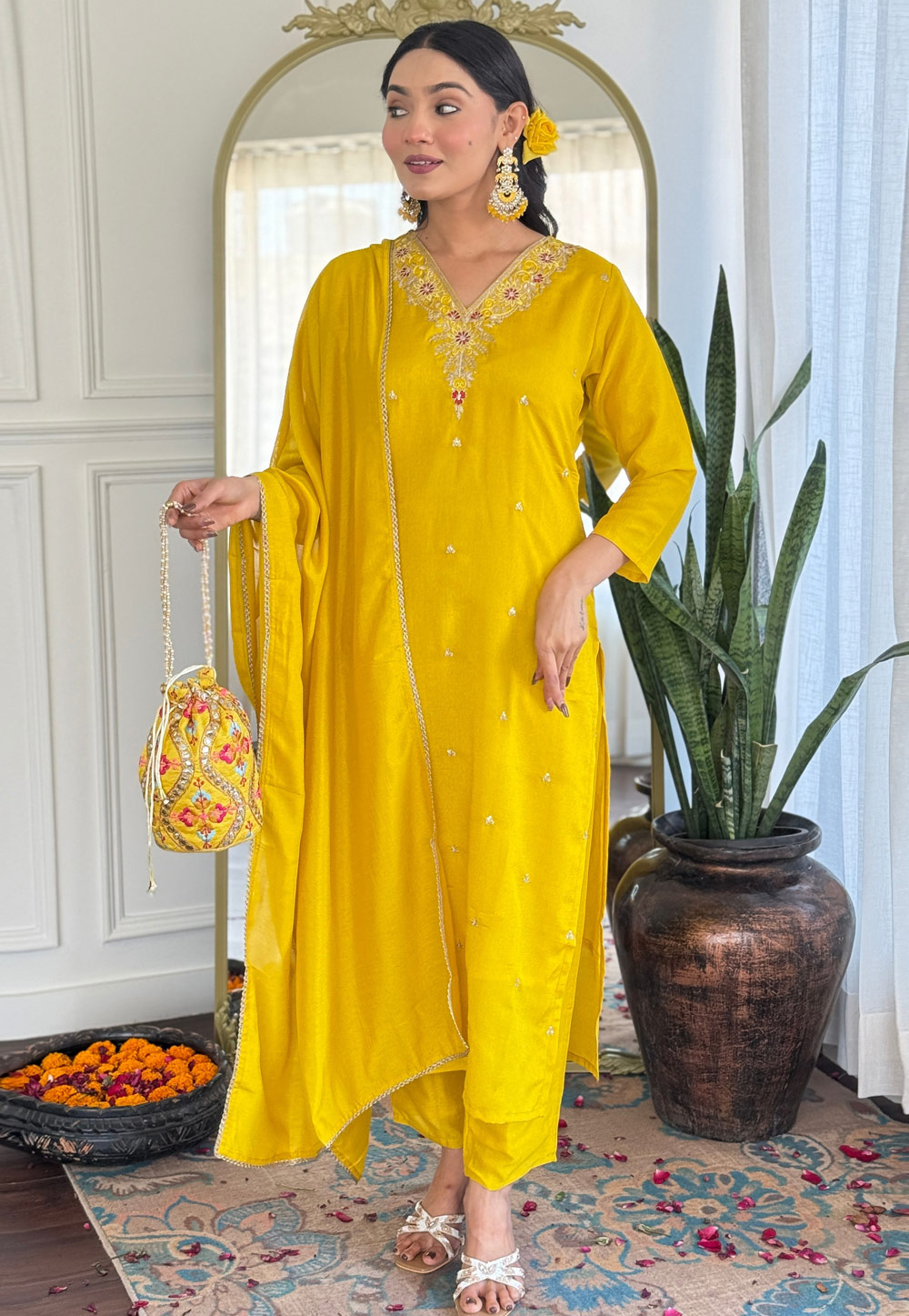 Yellow Silk Readymade Pant Style Suit 309535