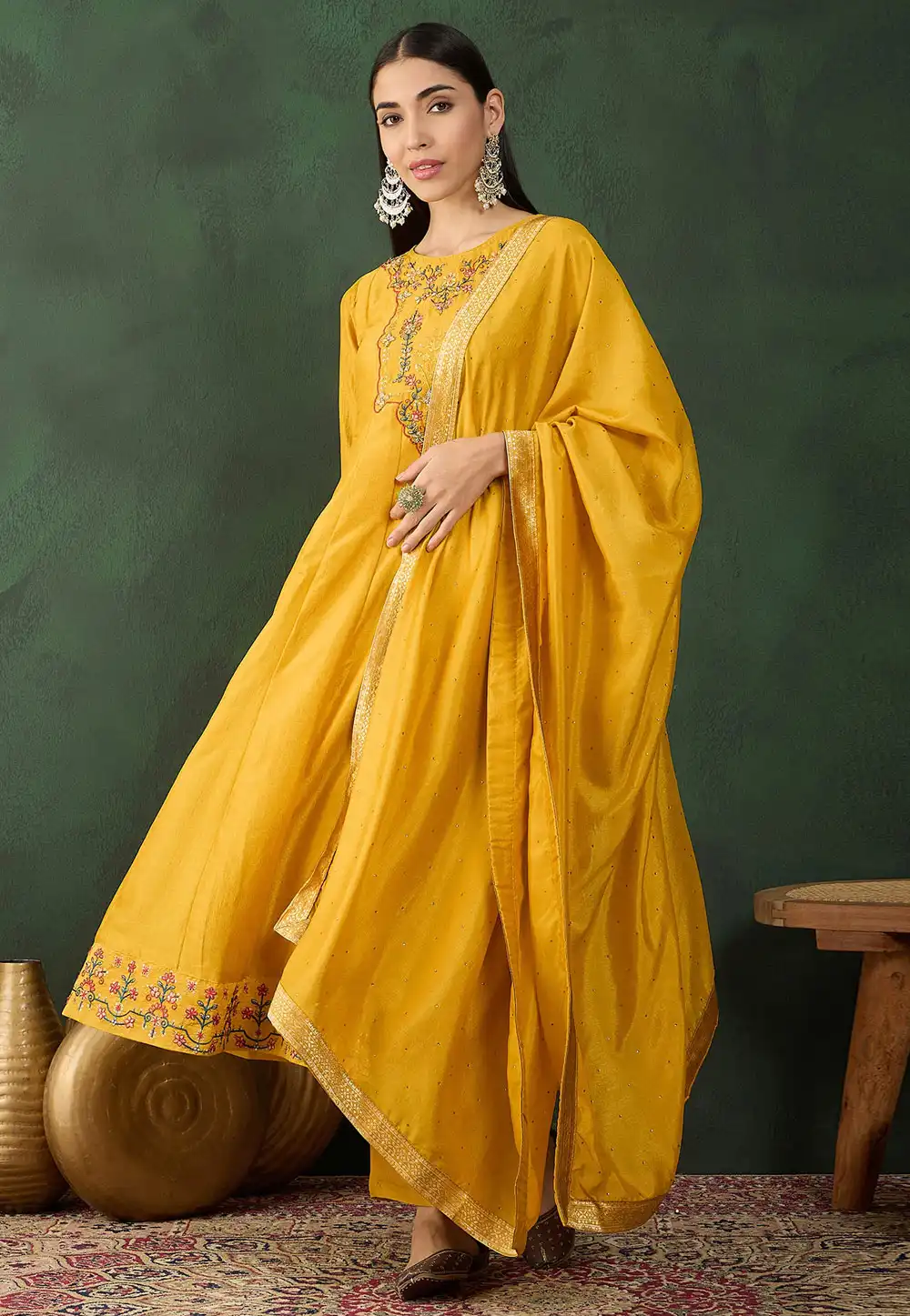 Yellow Silk Readymade Pant Style Suit 293530