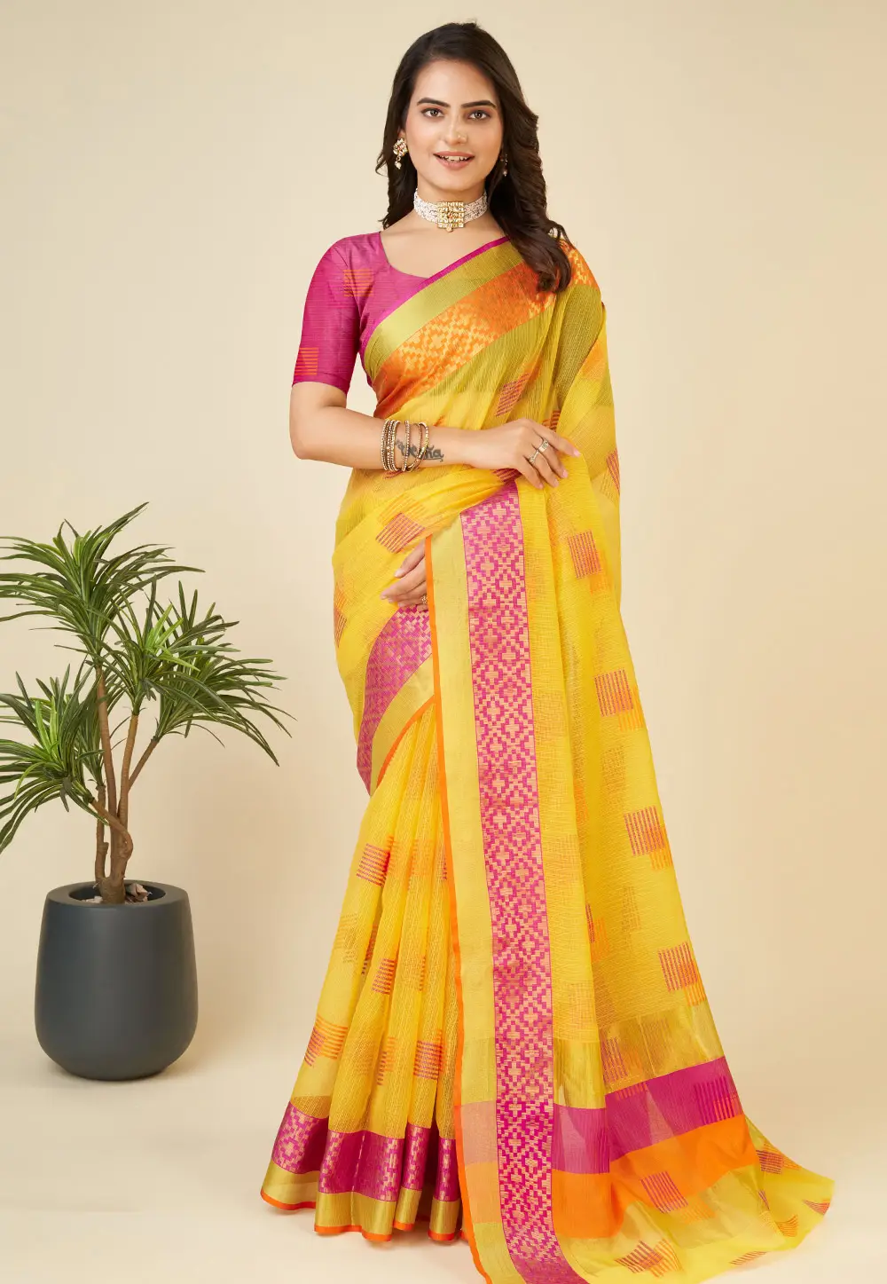 Yellow Silk Saree With Blouse 296368