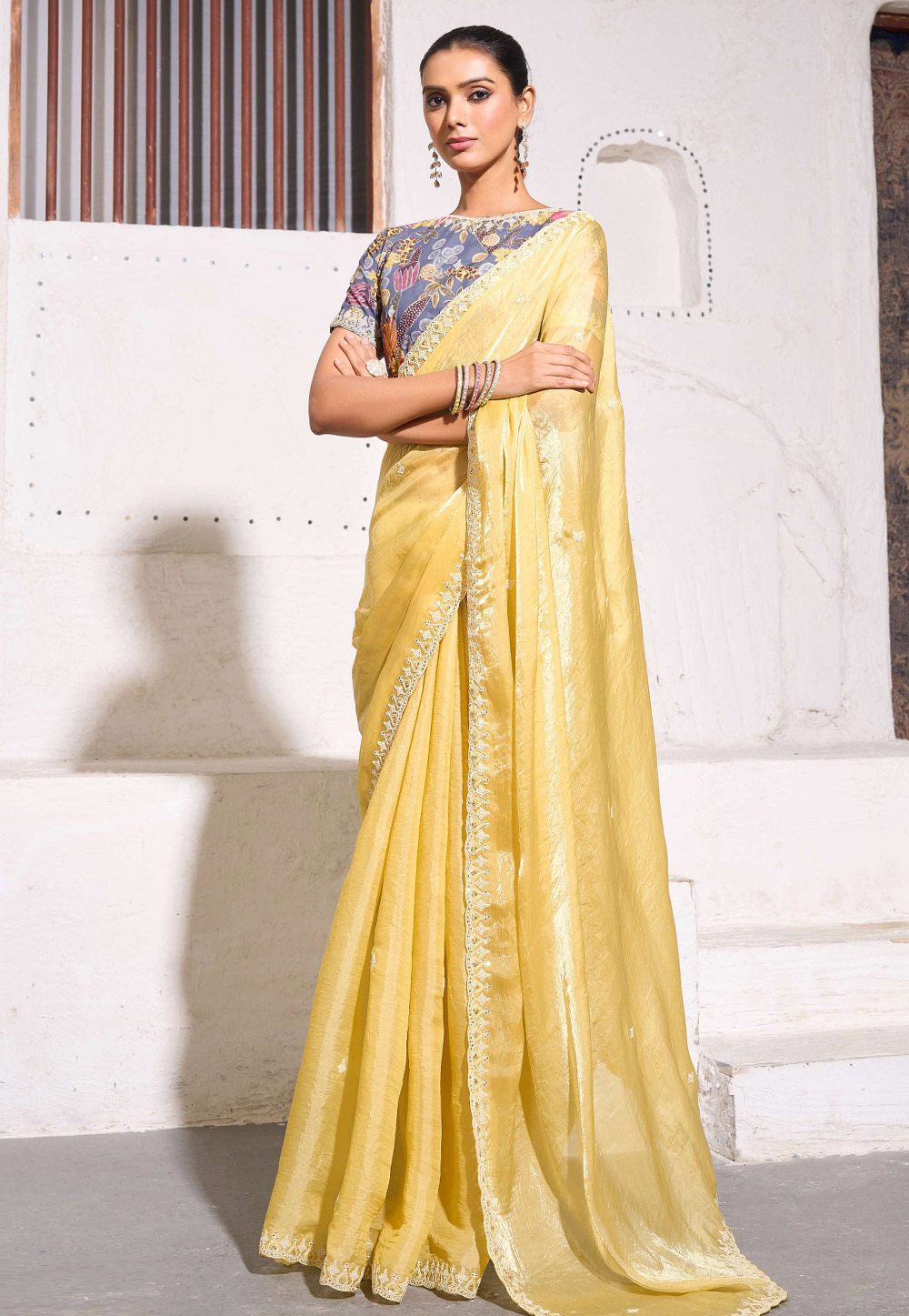 Yellow Tissue Saree With Blouse 310288