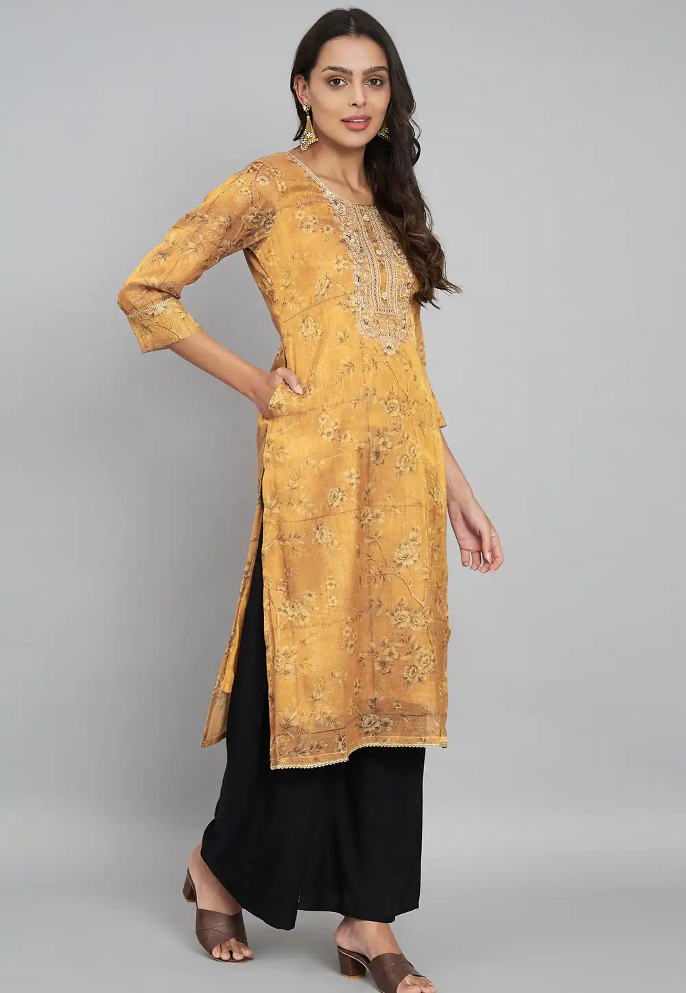 Yellow Tissue Silk Printed Long Kurti 290544