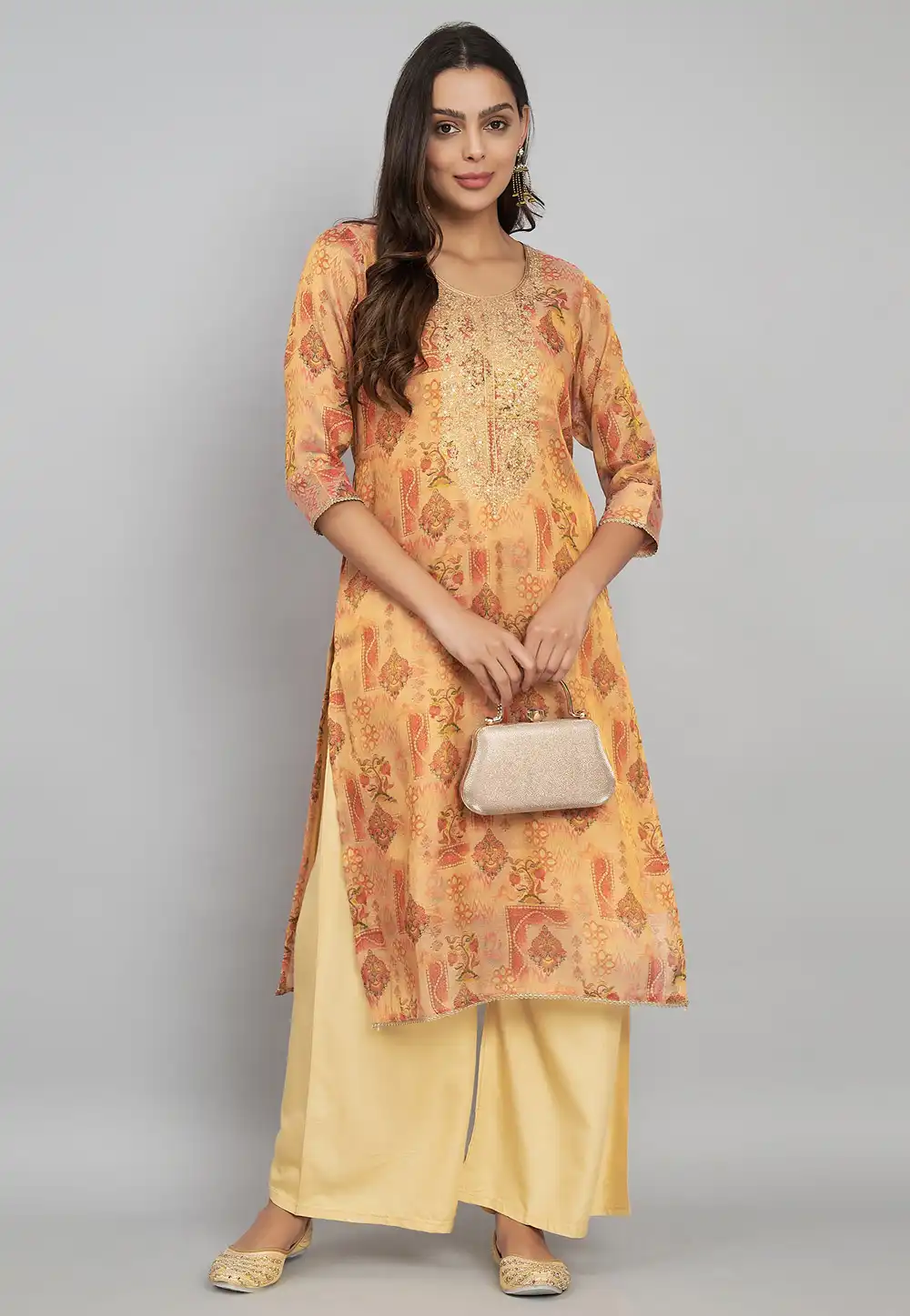 Yellow Tissue Silk Printed Long Tunic 290537