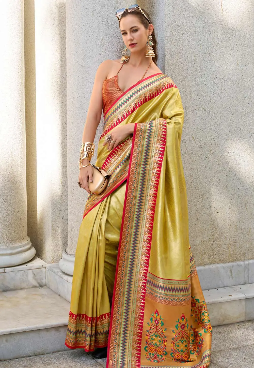 Yellow Tissue Silk Saree With Blouse 303656