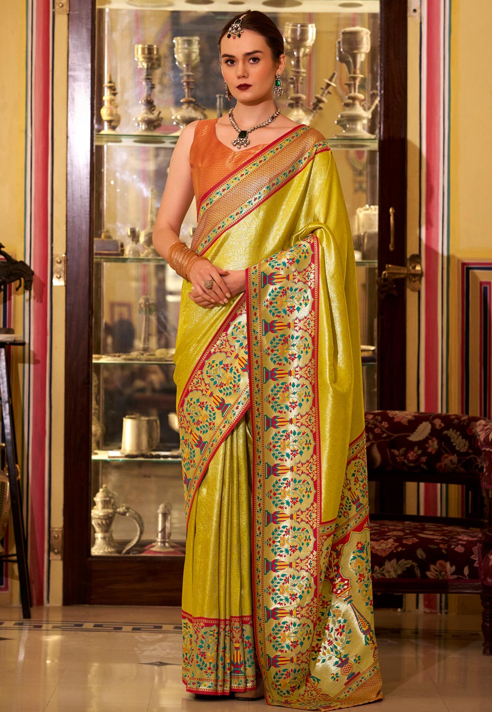 Yellow Tissue Silk Saree With Blouse 309115