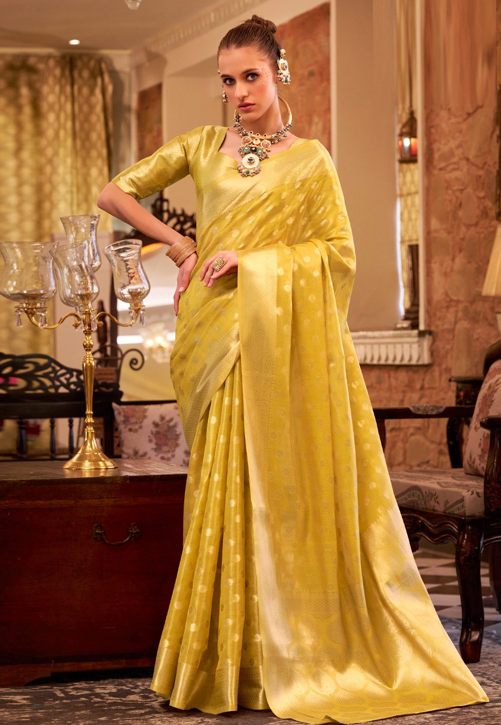 Yellow Tissue Silk Saree With Blouse 311008