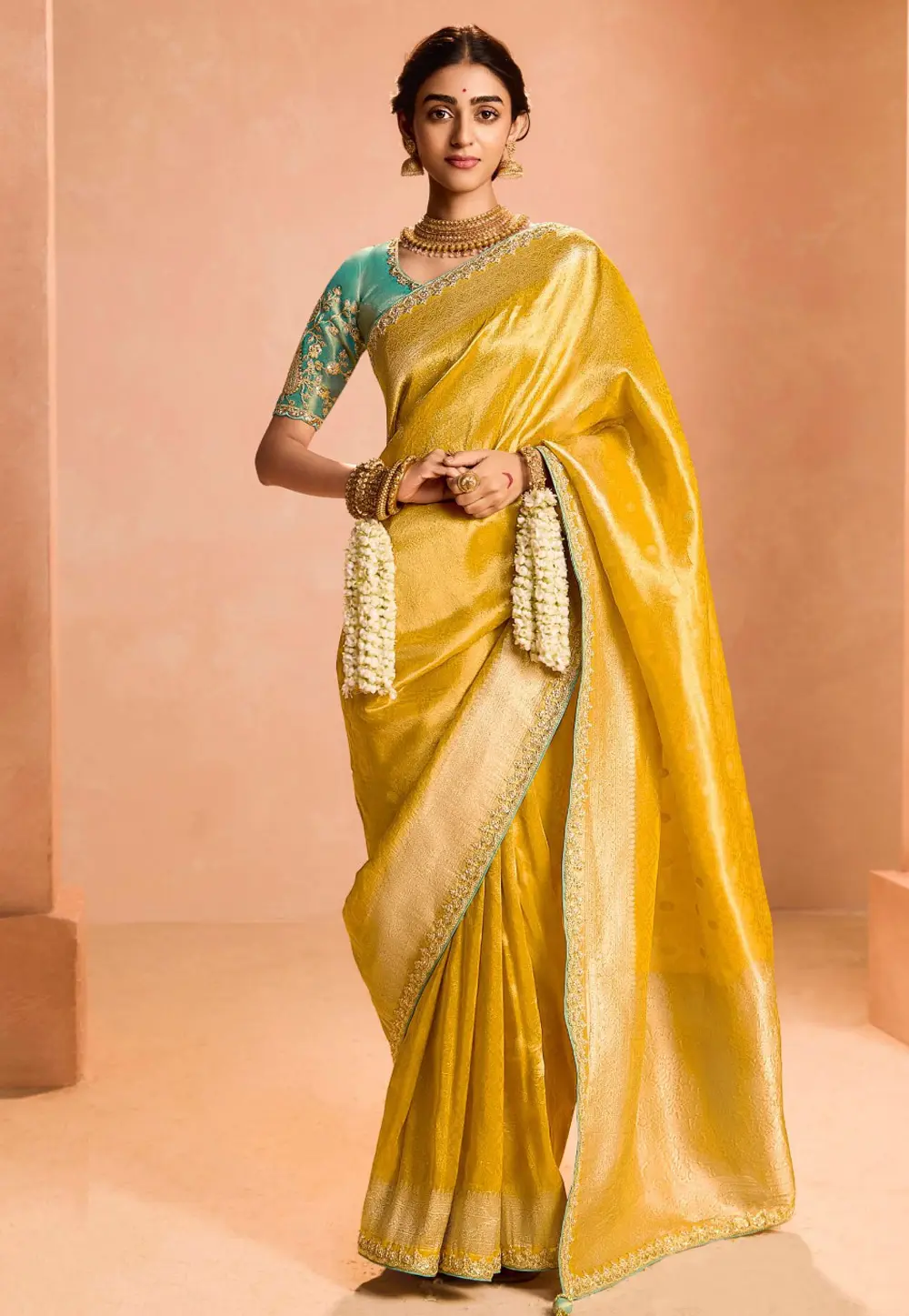 Yellow Tissue Silk Saree With Blouse 302047