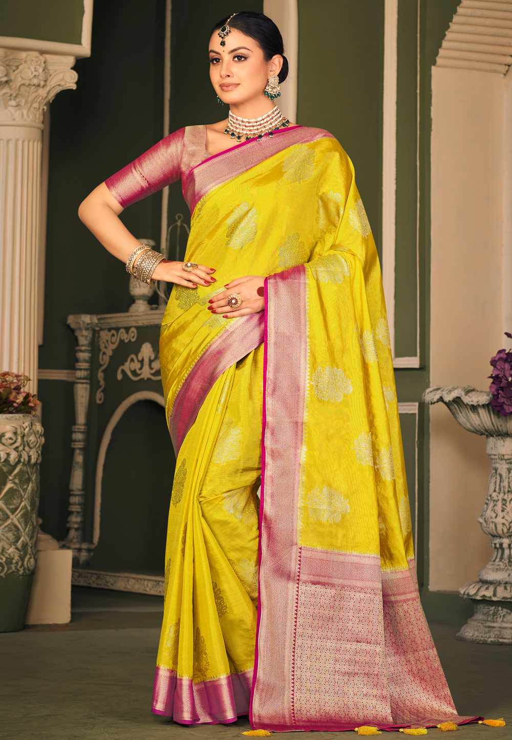 Yellow Tissue Silk Saree With Blouse 278730