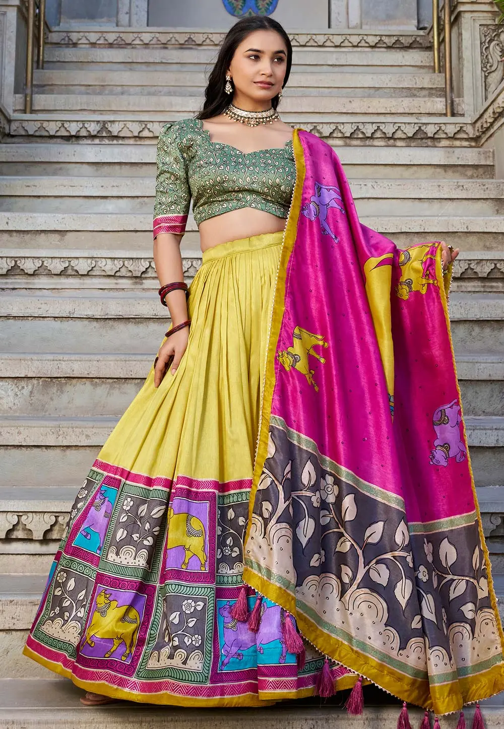 Yellow Tussar Silk Circular Lehenga Choli 303238