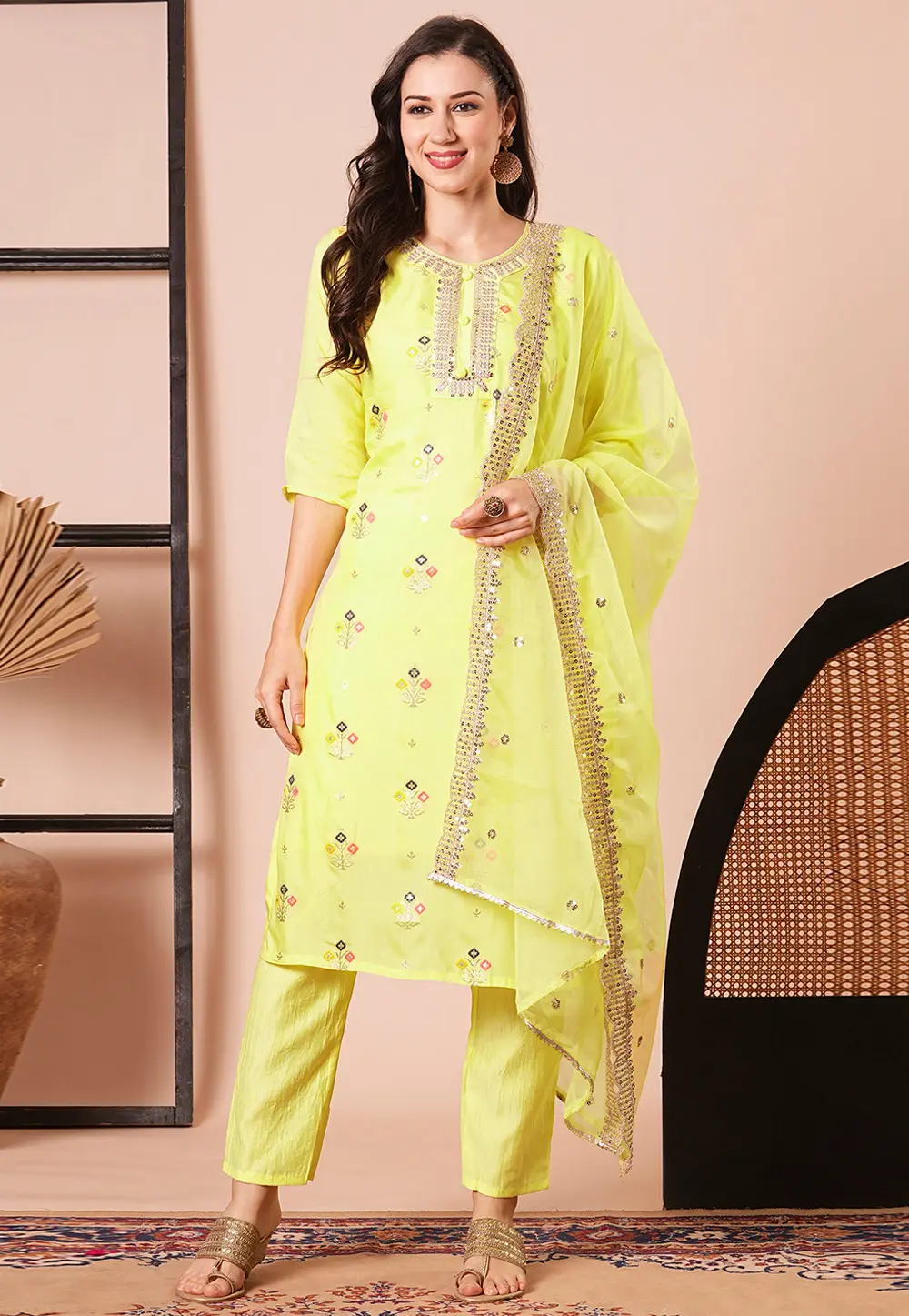 Yellow Viscose Jacquard Readymade Pakistani Suit 300338