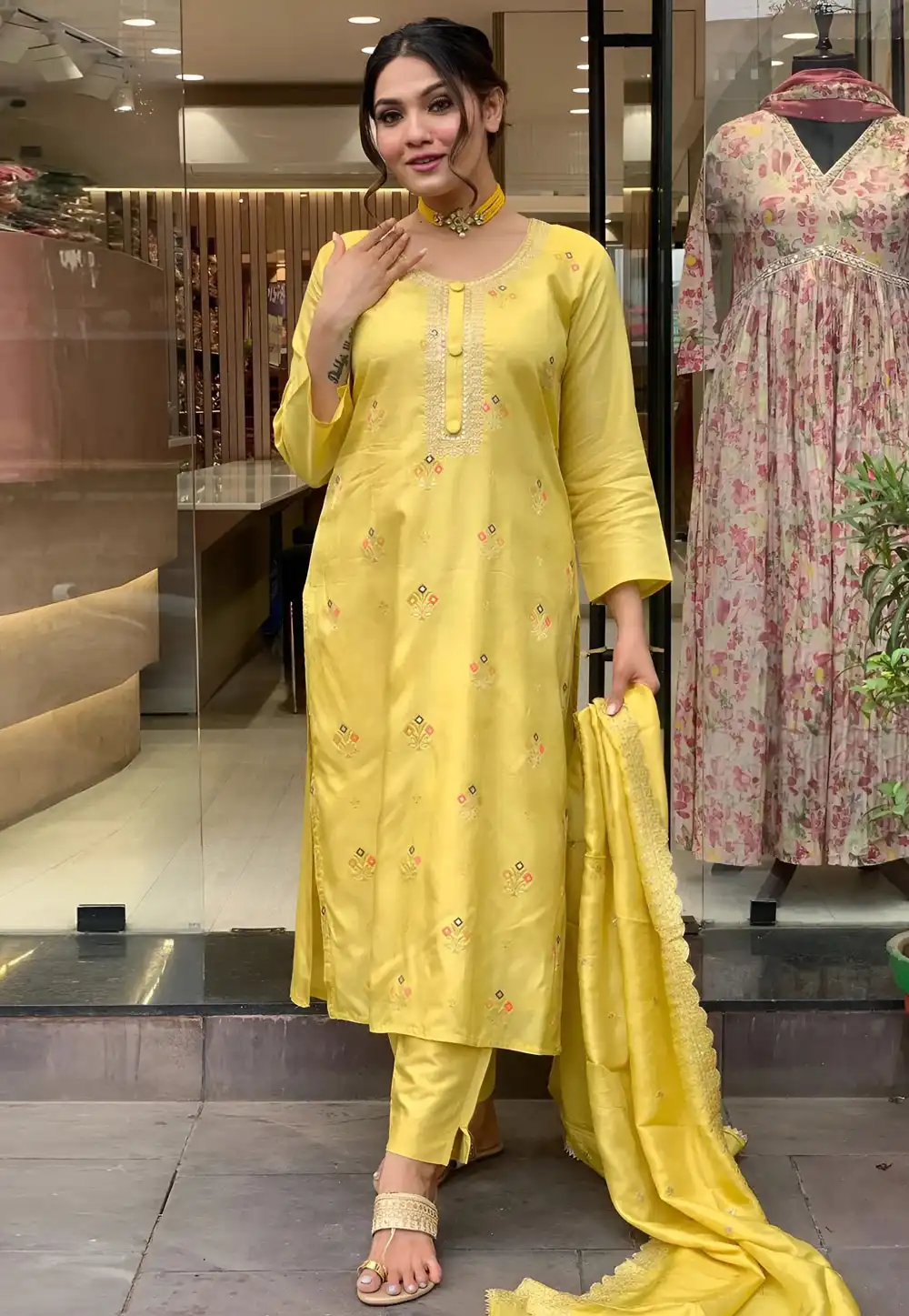 Yellow Viscose Jacquard Readymade Pant Style Suit 291398