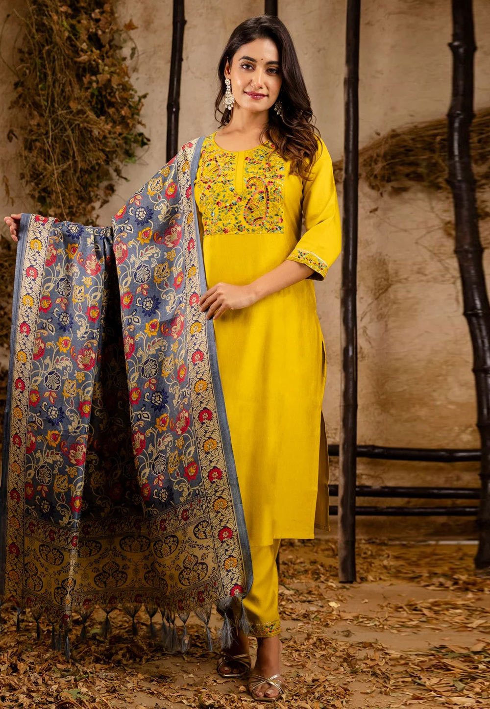 Yellow Viscose Rayon Readymade Pant Style Suit 309860