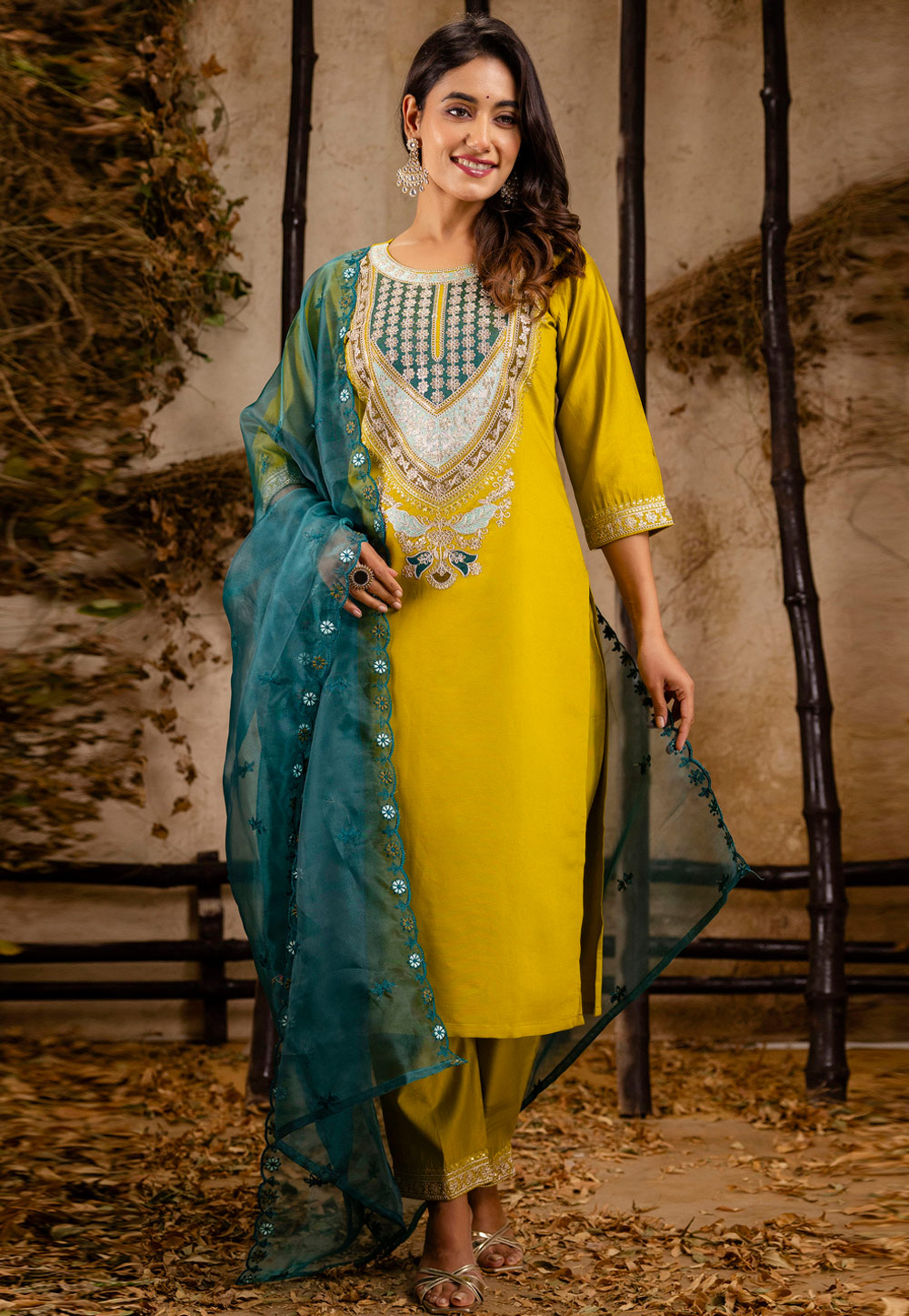 Yellow Viscose Rayon Readymade Pant Style Suit 309556