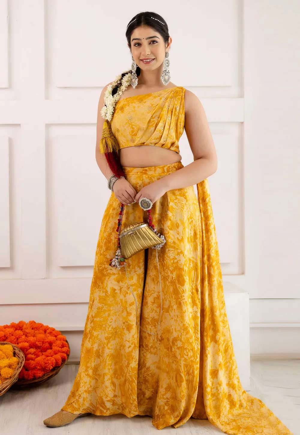 Yellow Viscose Readymade Palazzo Suit 298418