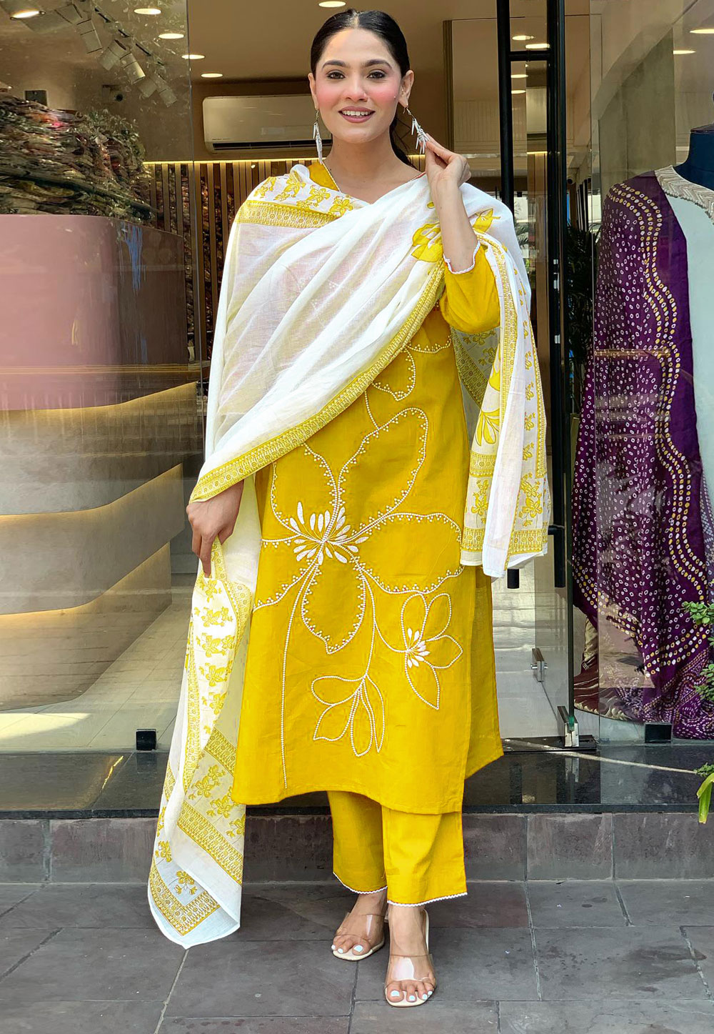 Yellow Viscose Readymade Pant Style Suit 311120