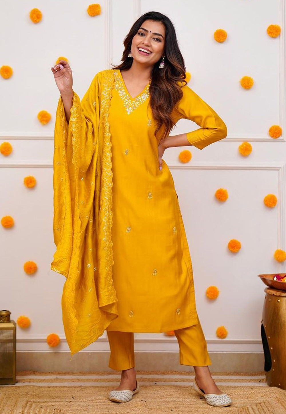 Yellow Viscose Readymade Pant Style Suit 287280