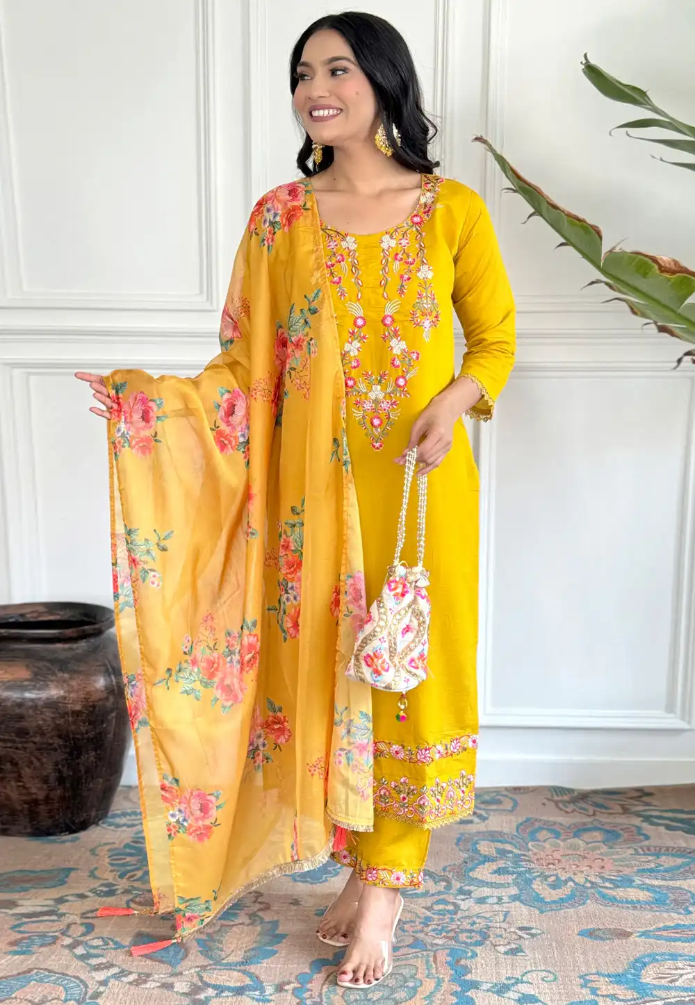 Yellow Viscose Readymade Pant Style Suit 294475