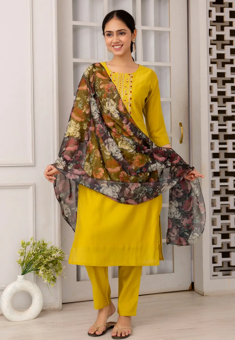 Yellow Viscose Readymade Pant Style Suit 296107