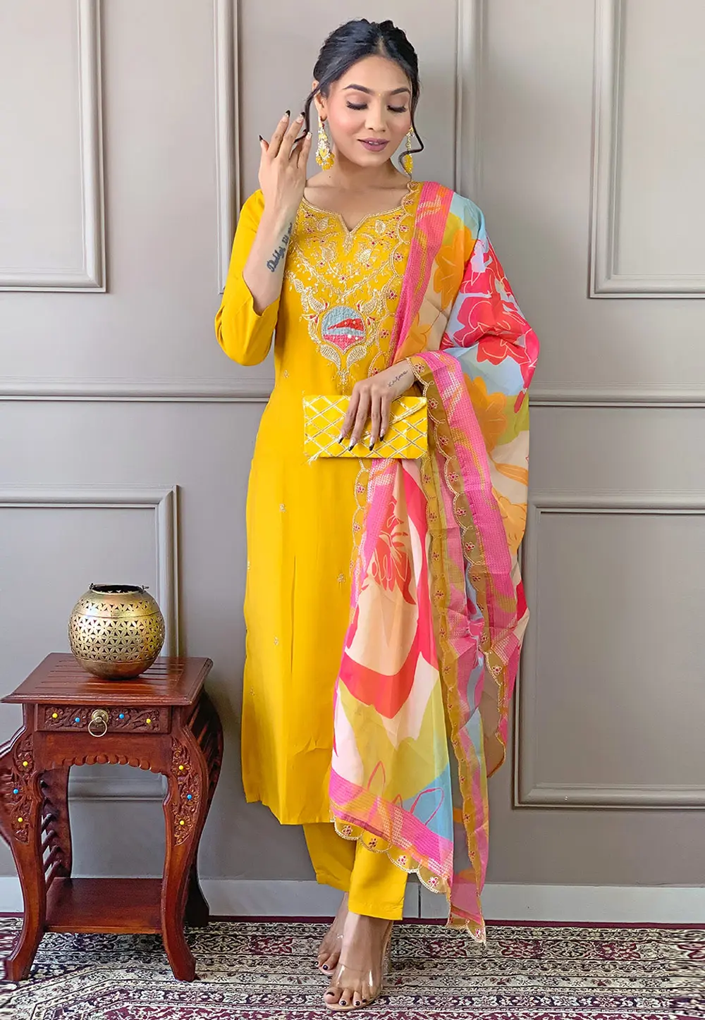 Yellow Viscose Readymade Pant Style Suit 298875