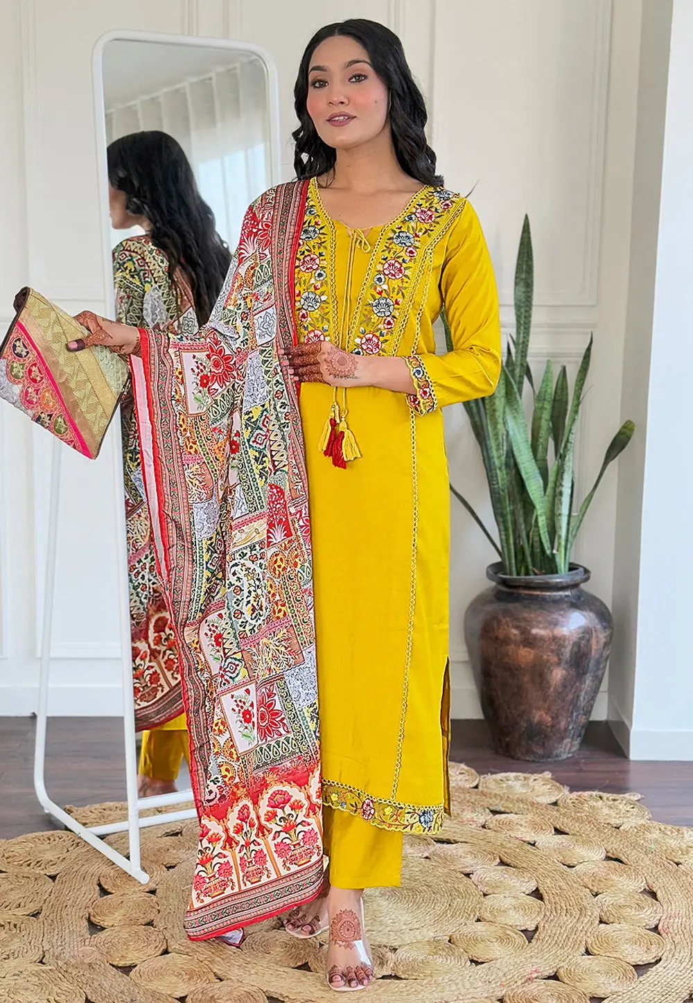 Yellow Viscose Readymade Pant Style Suit 303491