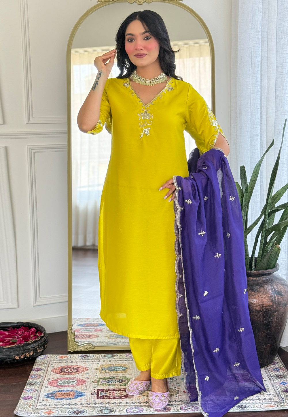 Yellow Viscose Readymade Pant Style Suit 309463