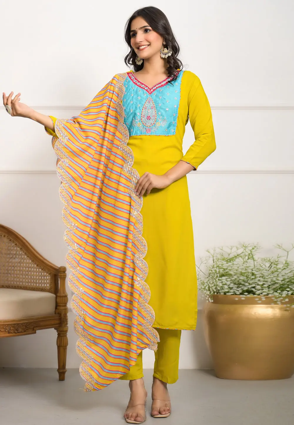 Yellow Viscose Readymade Pant Style Suit 299090