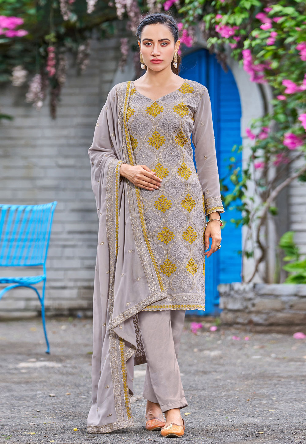 Grey Faux Georgette Pant Style Suit 273176