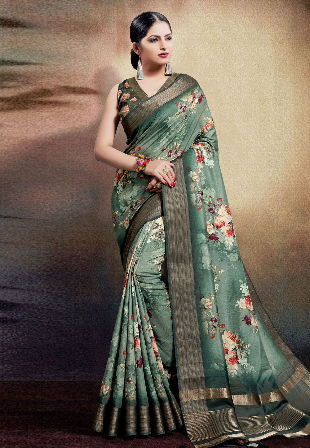 Green Cotton Printed Saree With Blouse 209187