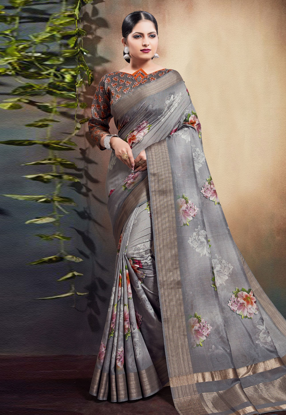 Grey Cotton Printed Saree With Blouse 209189