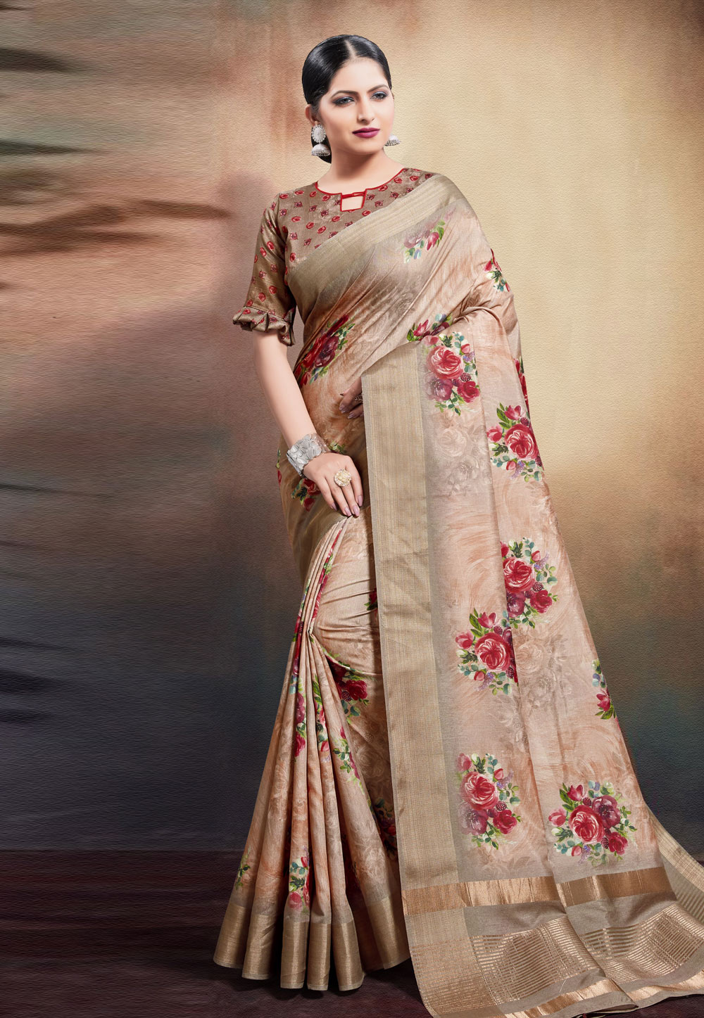 Peach Cotton Printed Saree With Blouse 209191