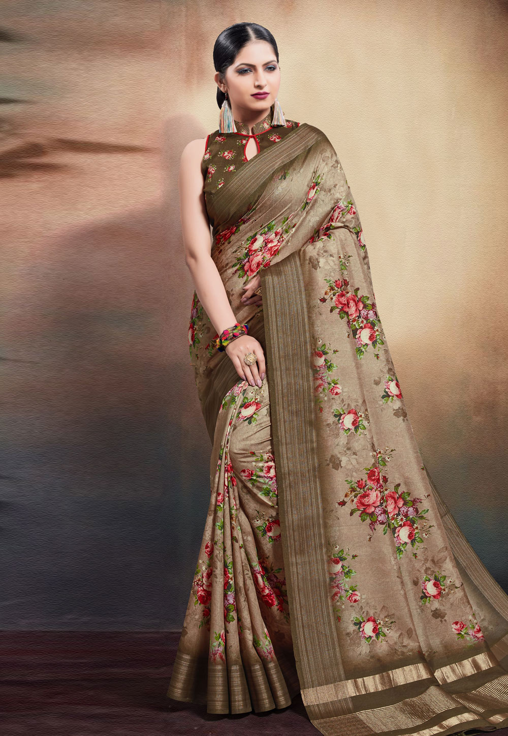 Light Brown Cotton Printed Saree With Blouse 209195