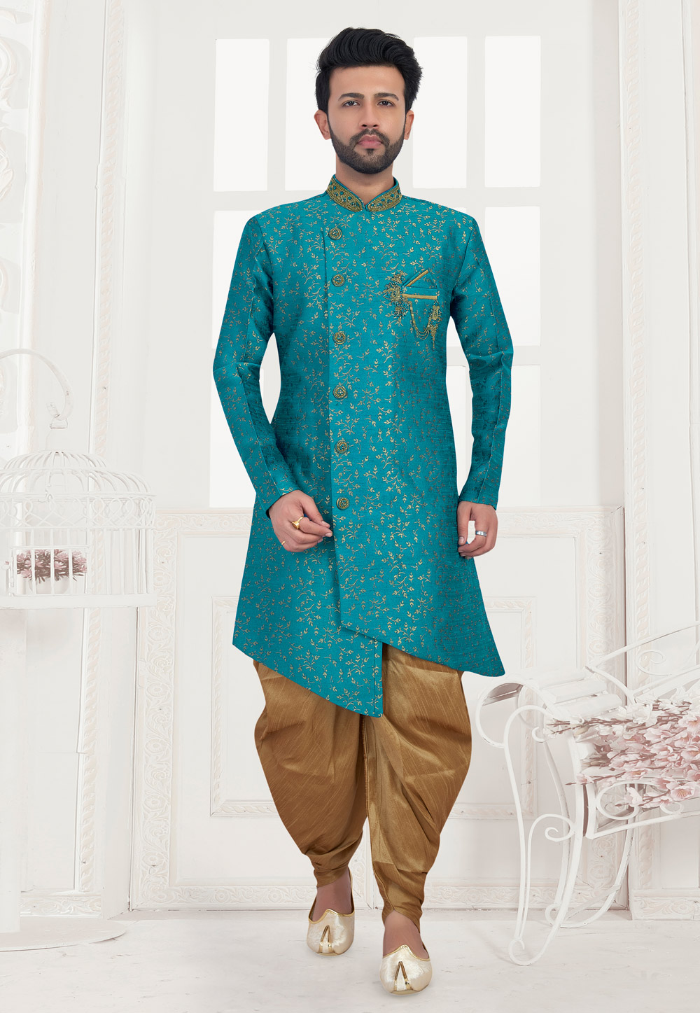 Turquoise Jacquard Readymade Indo Western Suit 188460