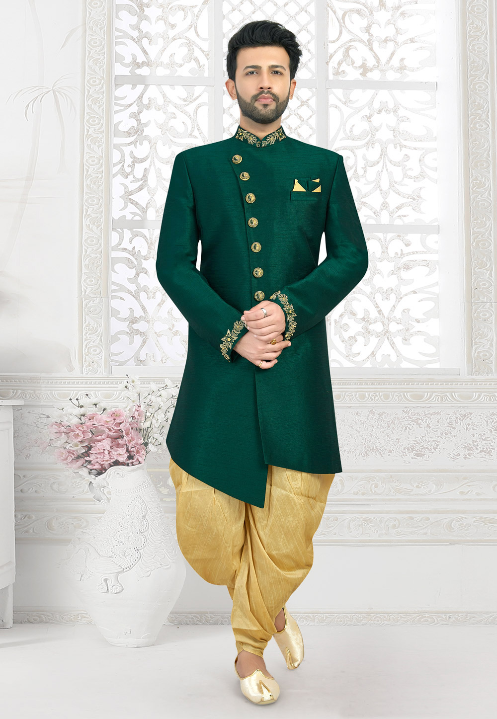 Green Art Silk Readymade Indo Western Suit 188631