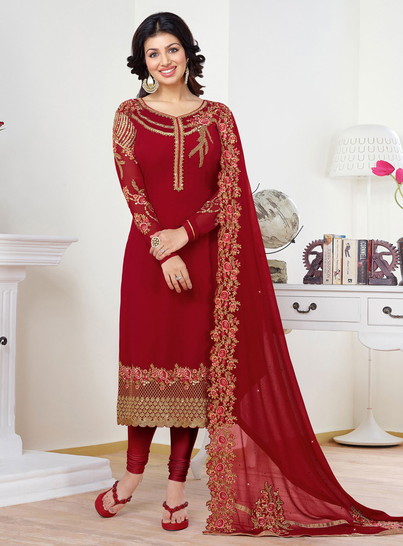 Ayesha Takia Red Georgette Churidar Salwar Suit 91386