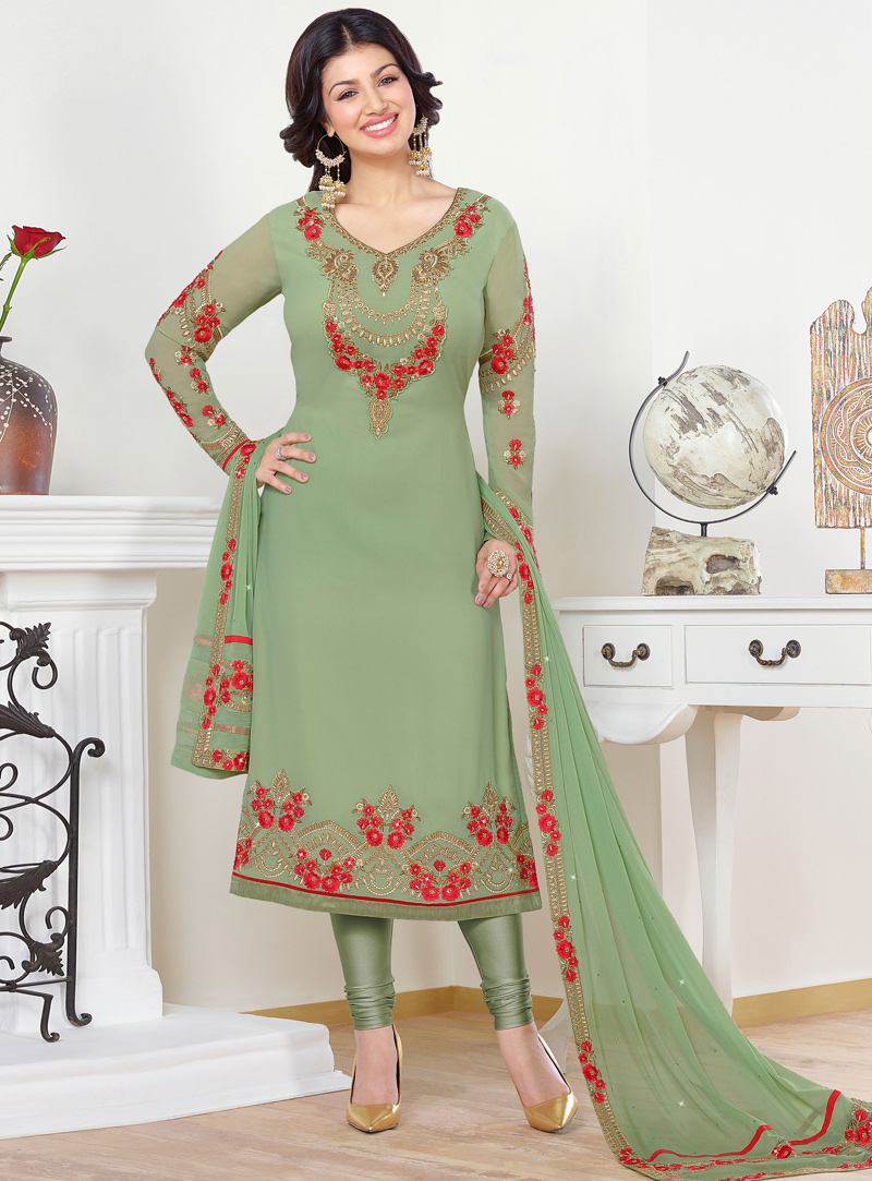 Ayesha Takia Light Green Georgette Churidar Salwar Suit 91390