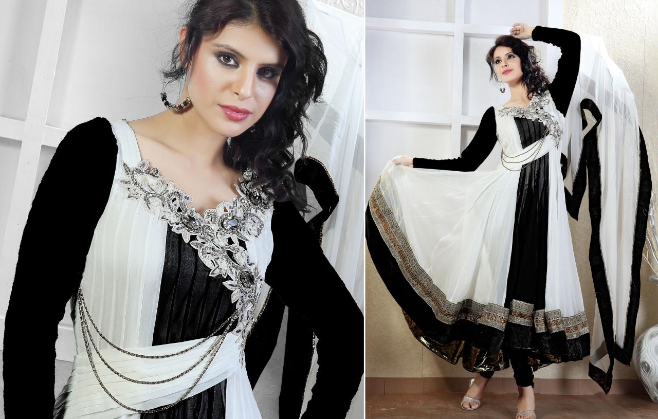 Black and Off White Faux Georgette Anarkali Suit 16610